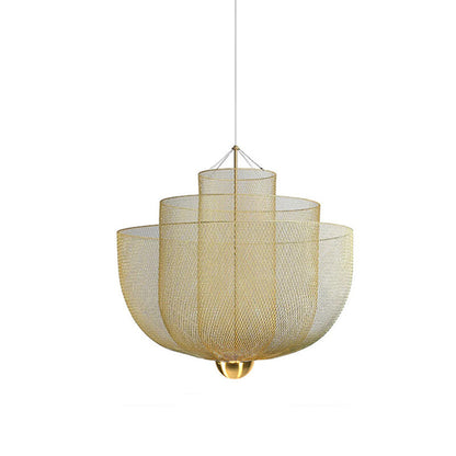 Geometrische Metalen Kroonluchter met Geïntegreerde LED en Messing Accenten – Drie Gelaagde Designlamp