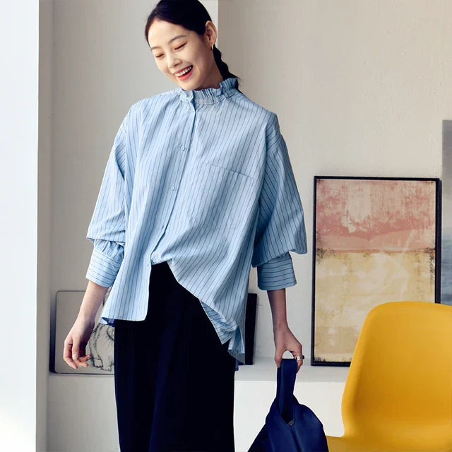 Vrouwen Blouse Asymmetrisch Gestreept Katoen