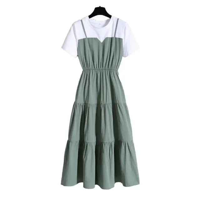 Jurk met Riem en Kleurblokken Modieus Design