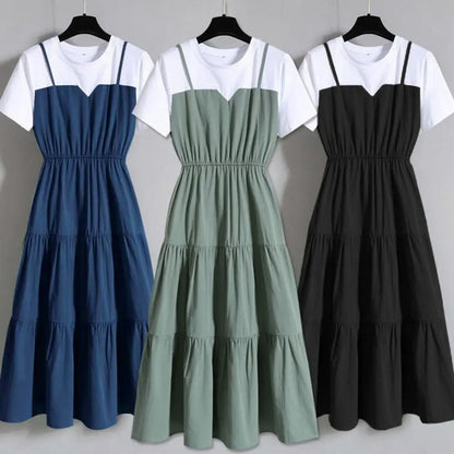 Jurk met Riem en Kleurblokken Modieus Design