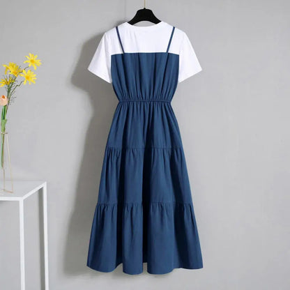 Jurk met Riem en Kleurblokken Modieus Design