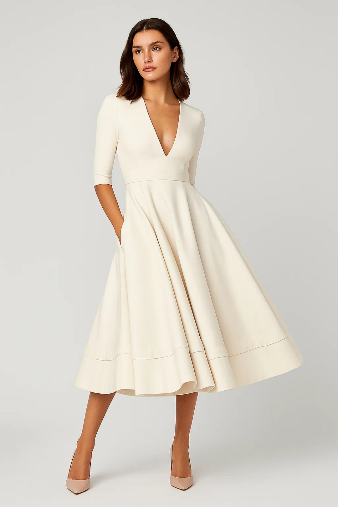 Dames Midi Jurk V-Hals Driekwart Mouwen Elegante Zomerjurk - StudioMarella