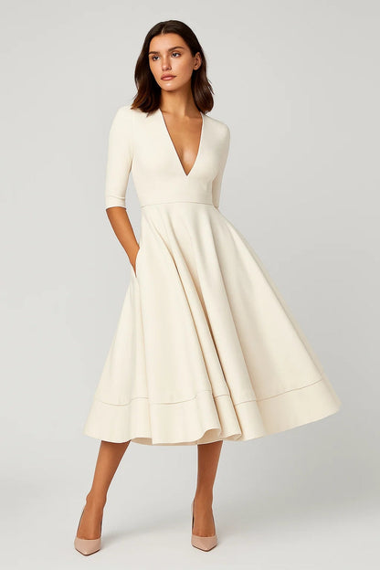 Dames Midi Jurk V-Hals Driekwart Mouwen Elegante Zomerjurk - StudioMarella