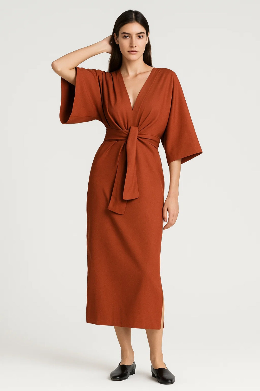 Dames Midi Jurk met V-hals en Wijde Mouwen Zomerjurk - StudioMarella
