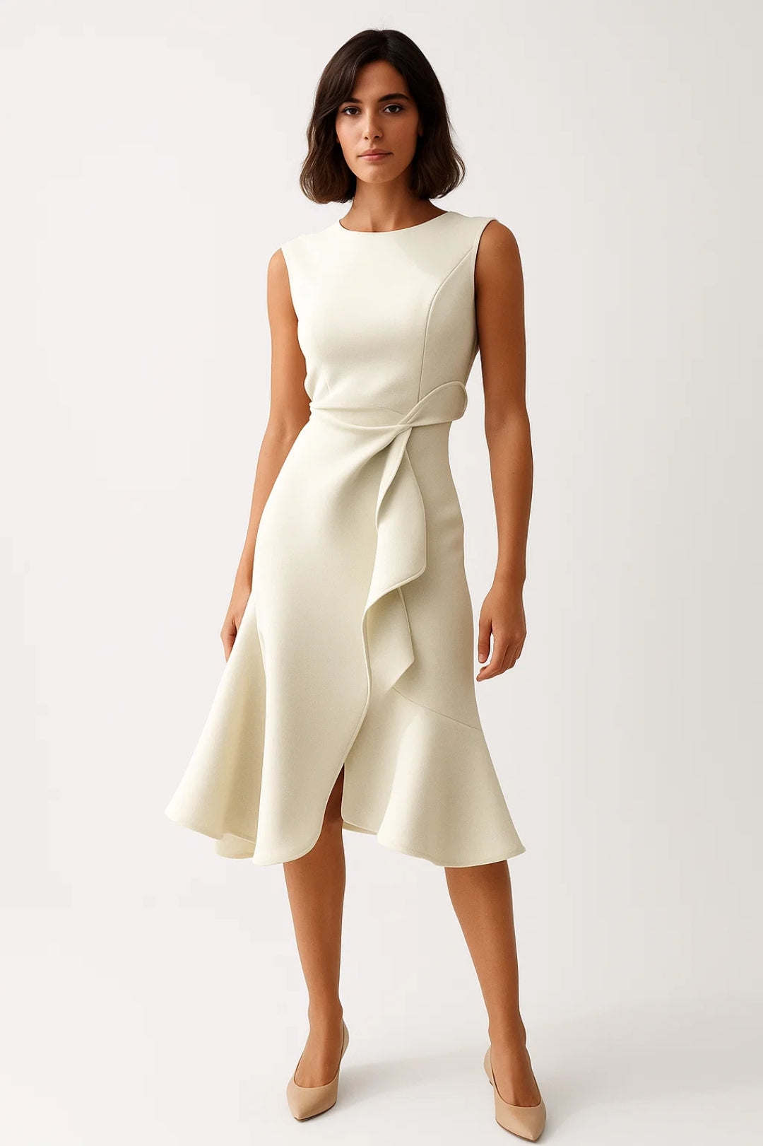 Mouwloze Midi Jurk voor Dames met Ruches en Elegant Design