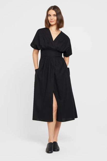 Dames Jurk Midi V-hals met Pofmouwen Casual Stijl - StudioMarella