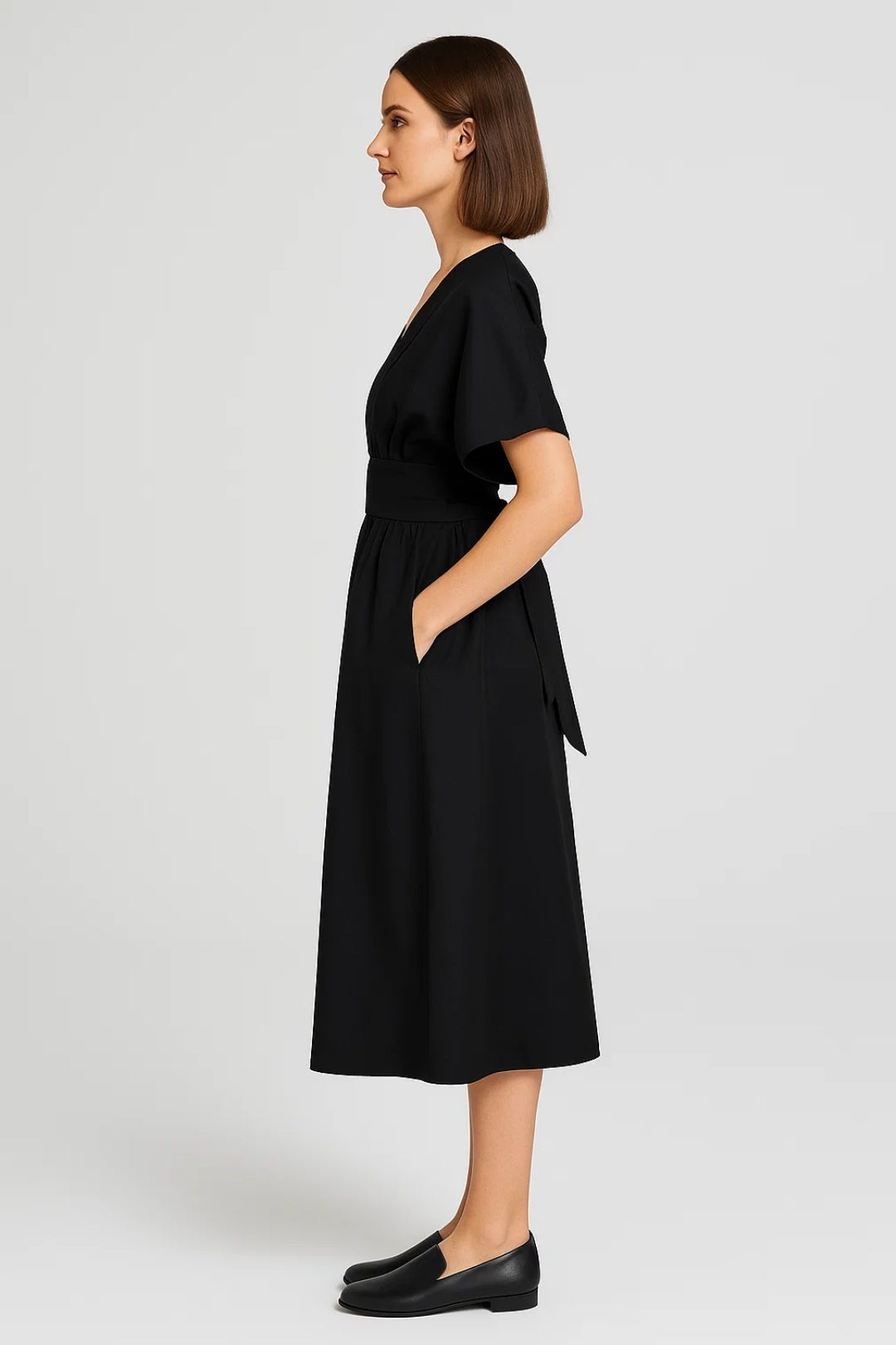 Dames Jurk Midi V-hals met Pofmouwen Casual Stijl