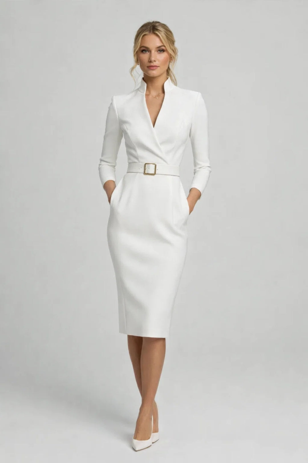 Dames Midi Jurk Chique Gesneden met Ceintuur en V Hals
