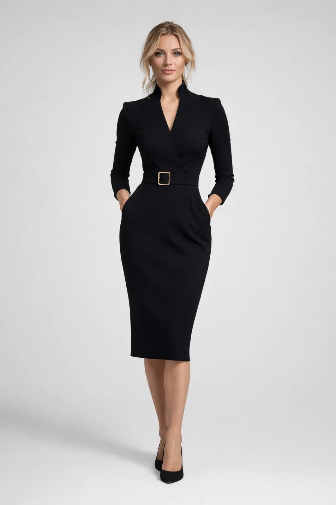 Dames Midi Jurk Chique Gesneden met Ceintuur en V Hals