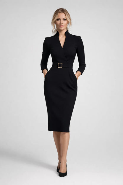 Dames Midi Jurk Chique Gesneden met Ceintuur en V Hals