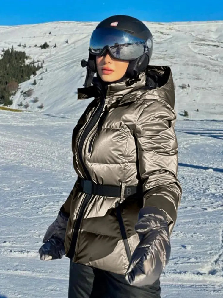 Dames Ski- en Winterjas Met Tailleband Waterdicht Modern