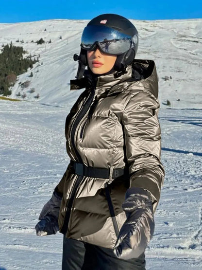 Dames Ski- en Winterjas Met Tailleband Waterdicht Modern