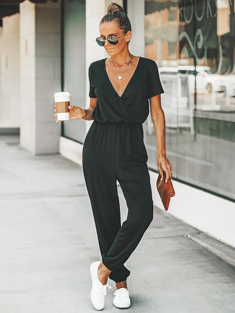 Zwarte Jumpsuit Korte Mouwen Zomerjurk voor Vrouw