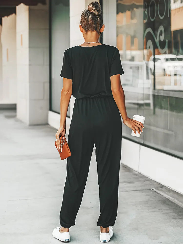 Zwarte Jumpsuit Korte Mouwen Zomerjurk voor Vrouw
