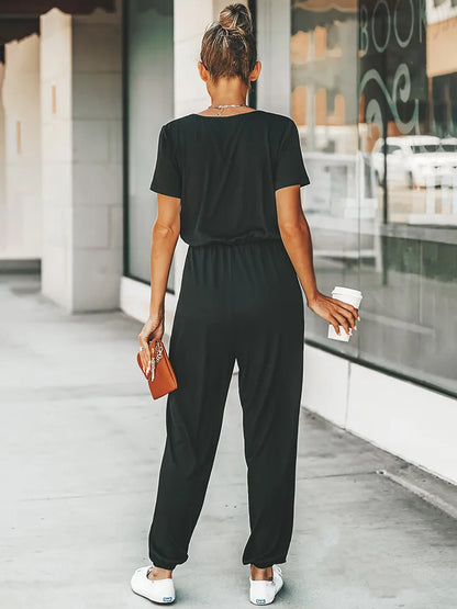 Zwarte Jumpsuit Korte Mouwen Zomerjurk voor Vrouw