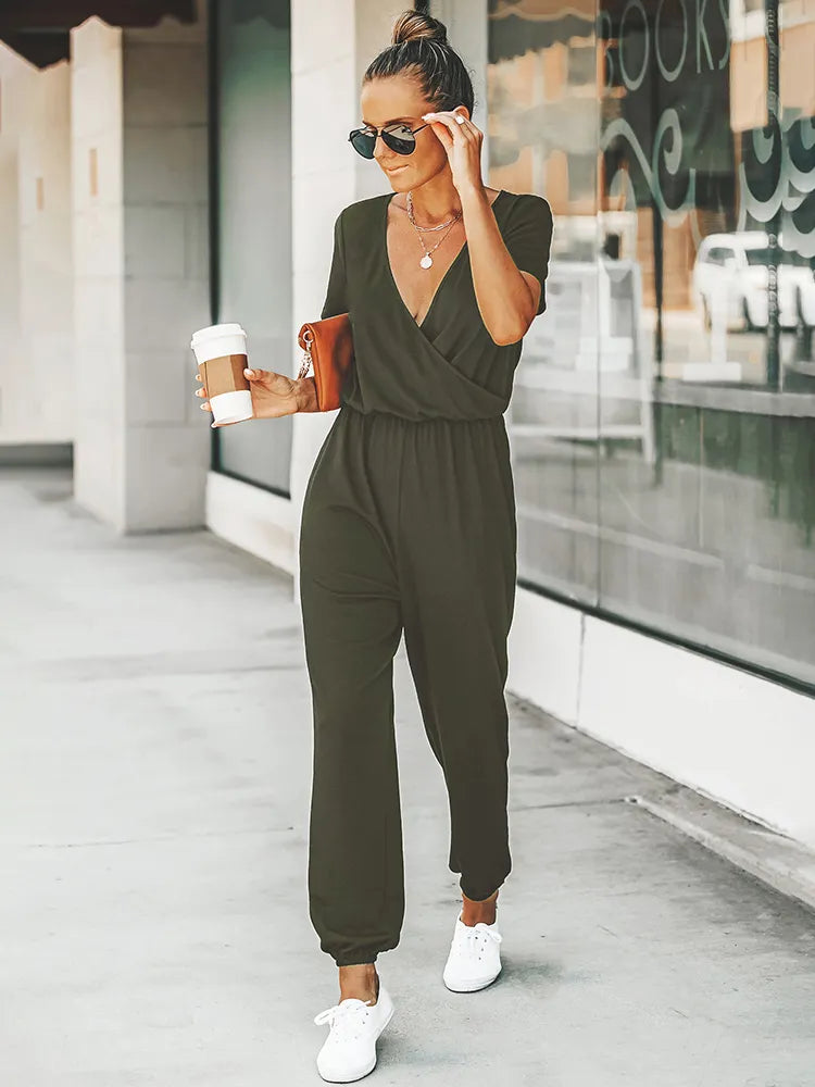 Zwarte Jumpsuit Korte Mouwen Zomerjurk voor Vrouw