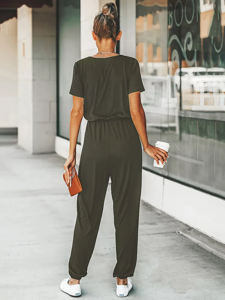 Zwarte Jumpsuit Korte Mouwen Zomerjurk voor Vrouw
