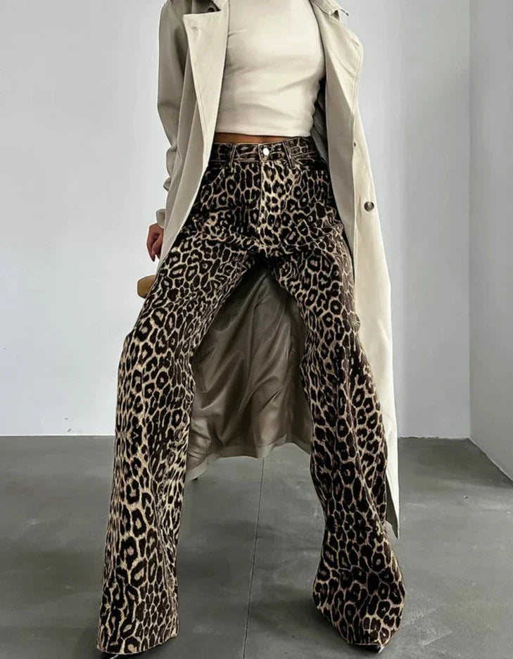 Leopard Print Broek Wijde Pijpen Zomerse Stijl