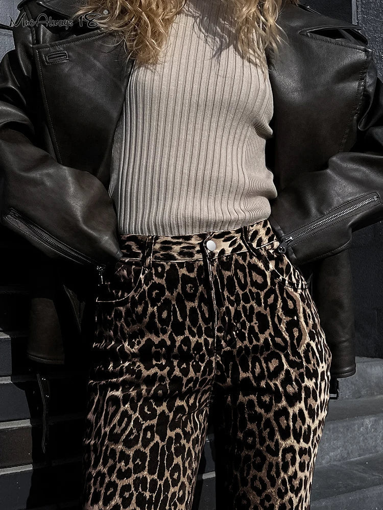 Leopard Print Broek Wijde Pijpen Zomerse Stijl
