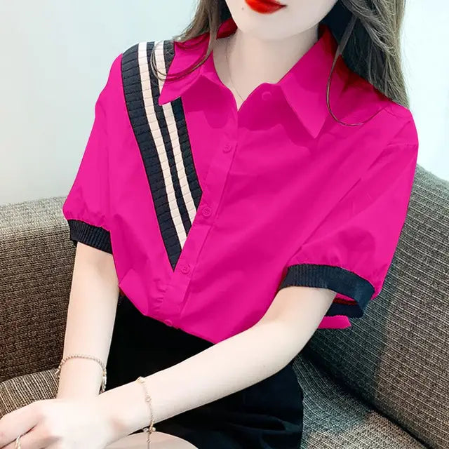 Vrouwen Shirt met Omgeslagen Kraag Contrasterende Kleuren