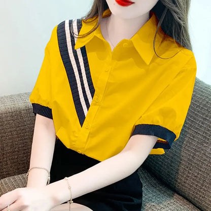 Vrouwen Shirt met Omgeslagen Kraag Contrasterende Kleuren