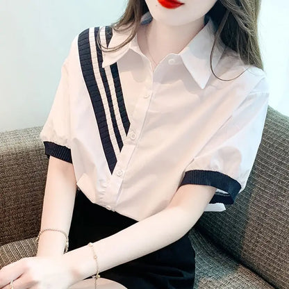 Vrouwen Shirt met Omgeslagen Kraag Contrasterende Kleuren