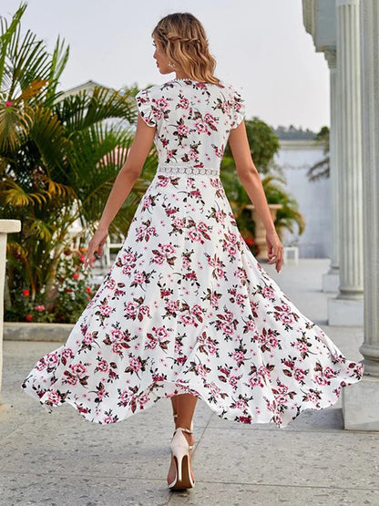 Bloemenjurk met Kant en Houten Knopen van MiraBella wordt 
Jurk met Bloemenprint en Kant Zomerjurk MiraBella