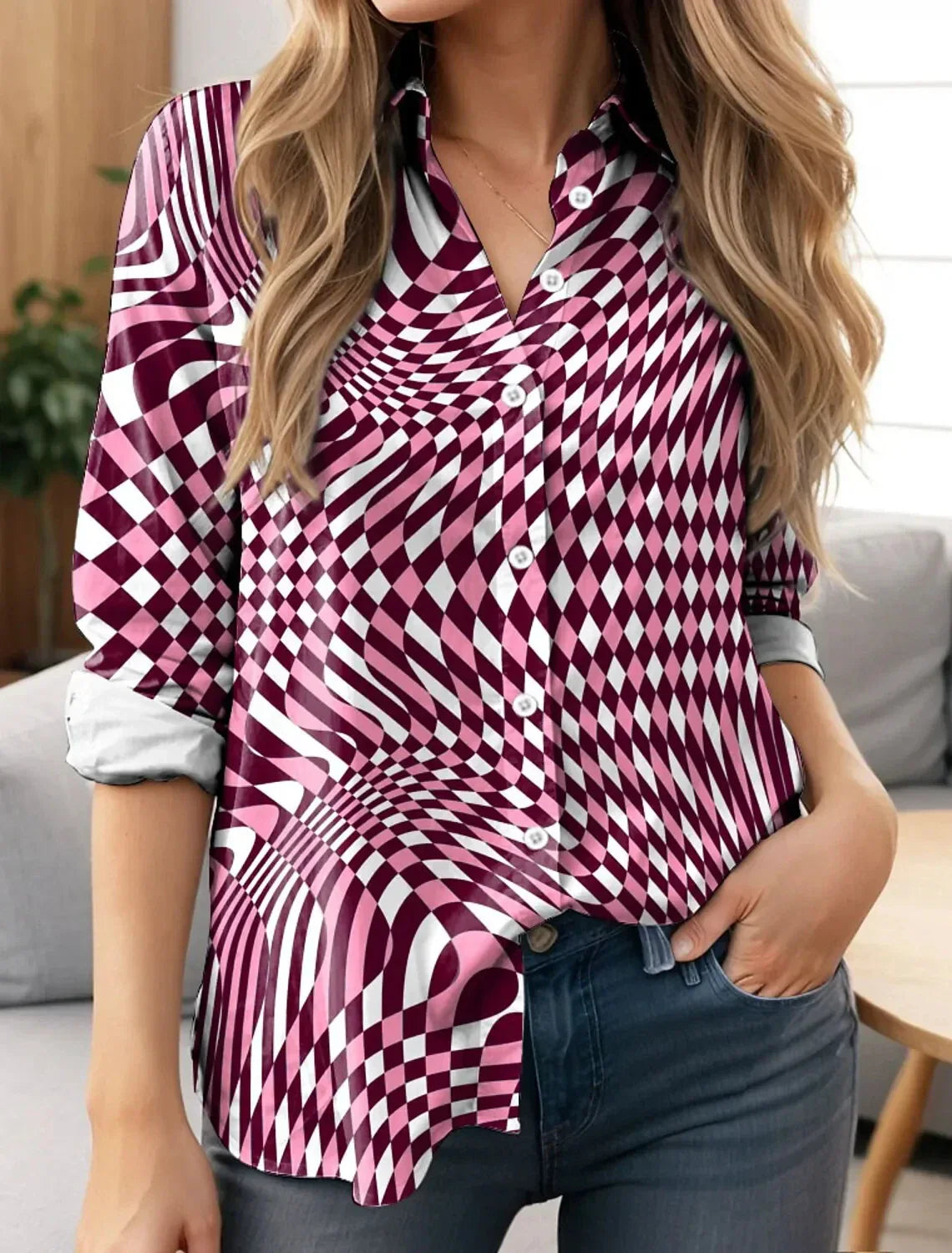 Dames Top Lange Mouwen 3D Geruit Modieus Design