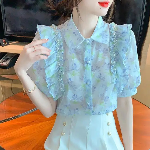 Vrouwelijke Blouse met Ruches en Kralen Voorjaar - StudioMarella