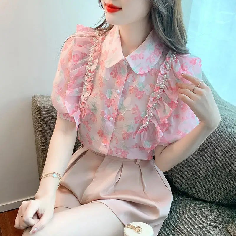 Vrouwelijke Blouse met Ruches en Kralen Voorjaar