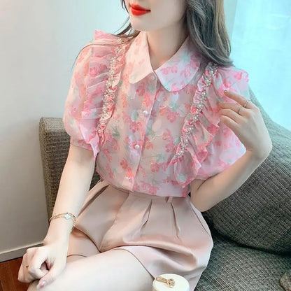 Vrouwelijke Blouse met Ruches en Kralen Voorjaar