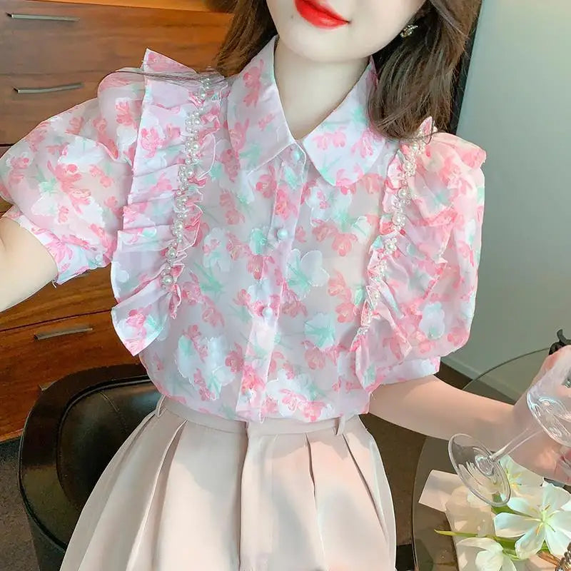Vrouwelijke Blouse met Ruches en Kralen Voorjaar