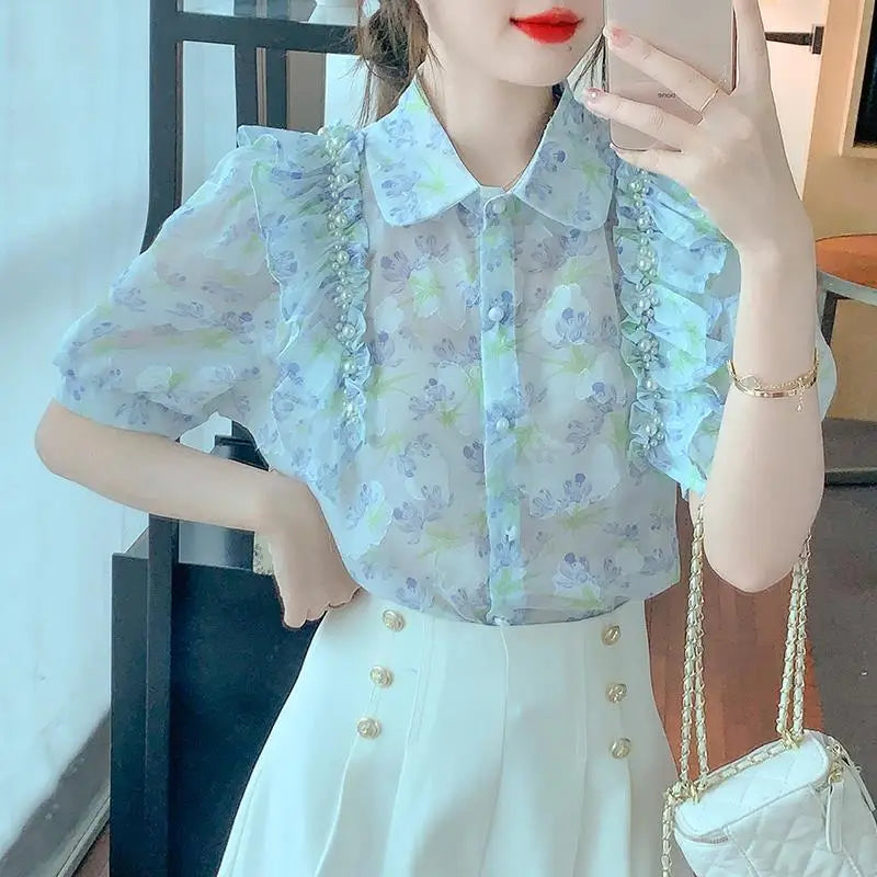 Vrouwelijke Blouse met Ruches en Kralen Voorjaar