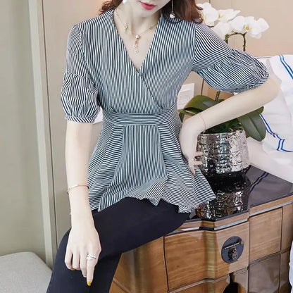 Dames Blouse Lantaarnmouw Gestreept met Ruches Elegante Stijl
