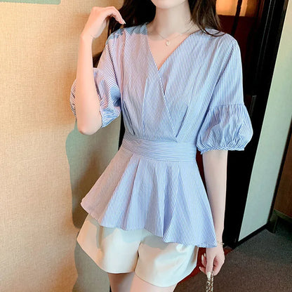 Dames Blouse Lantaarnmouw Gestreept met Ruches Elegante Stijl