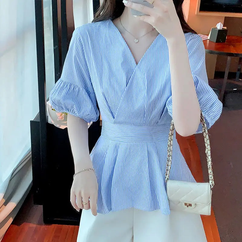 Dames Blouse Lantaarnmouw Gestreept met Ruches Elegante Stijl
