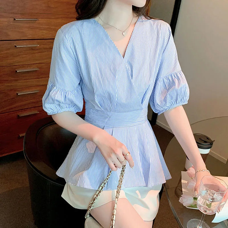 Dames Blouse Lantaarnmouw Gestreept met Ruches Elegante Stijl