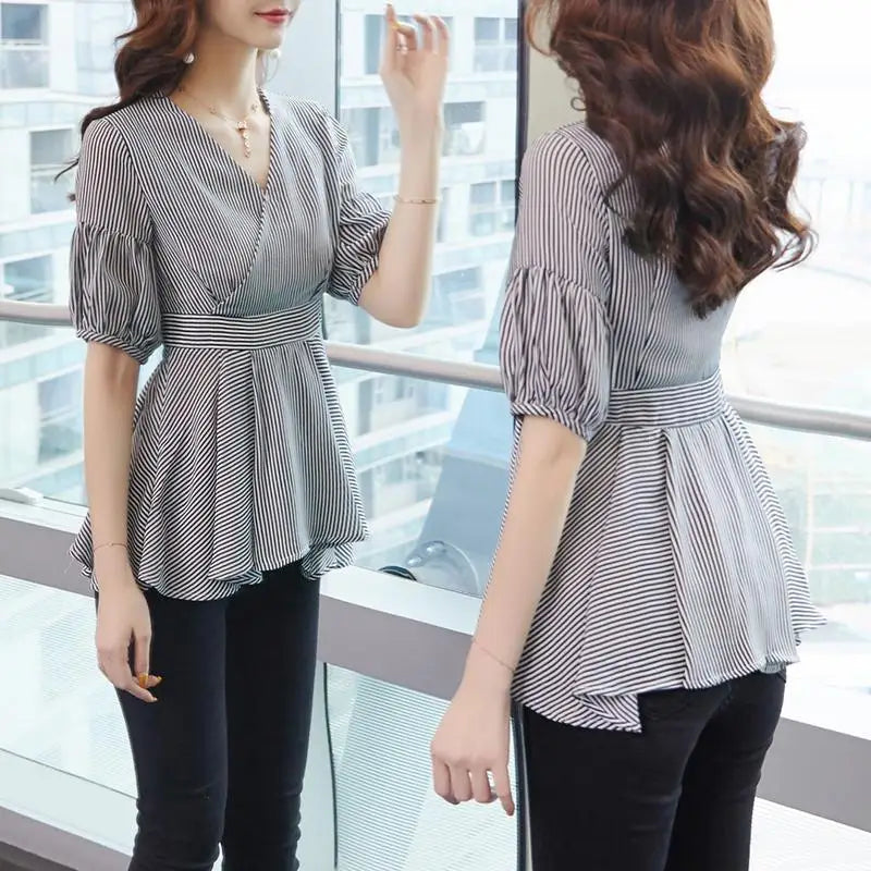 Dames Blouse Lantaarnmouw Gestreept met Ruches Elegante Stijl