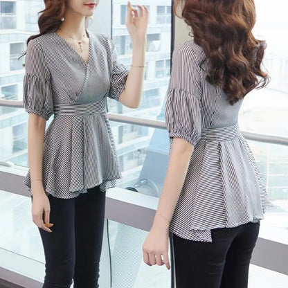 Dames Blouse Lantaarnmouw Gestreept met Ruches Elegante Stijl