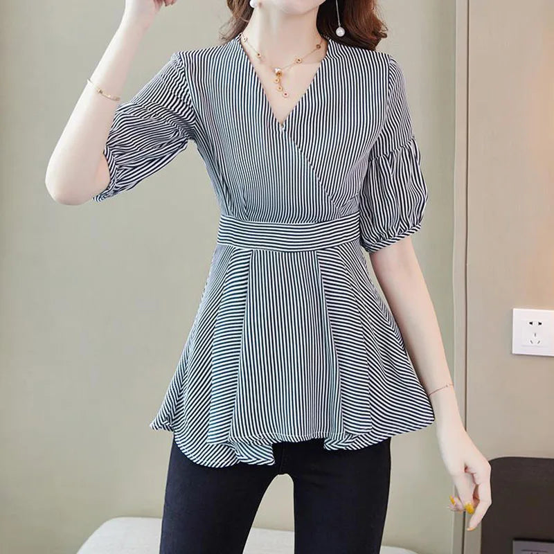 Dames Blouse Lantaarnmouw Gestreept met Ruches Elegante Stijl