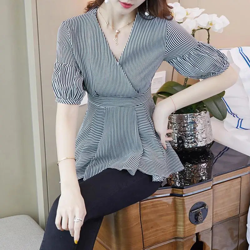 Dames Blouse Lantaarnmouw Gestreept met Ruches Elegante Stijl