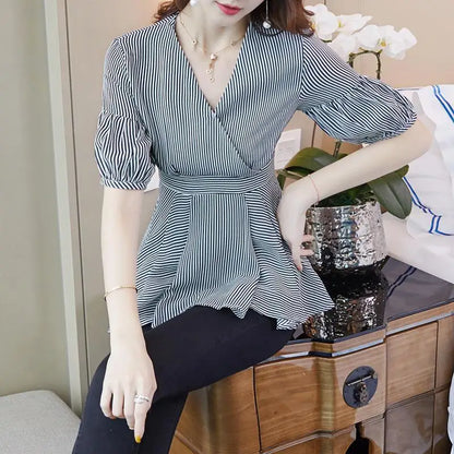 Dames Blouse Lantaarnmouw Gestreept met Ruches Elegante Stijl