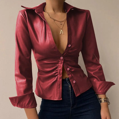 Leren Blouse Lange Mouwen Dames Modieus