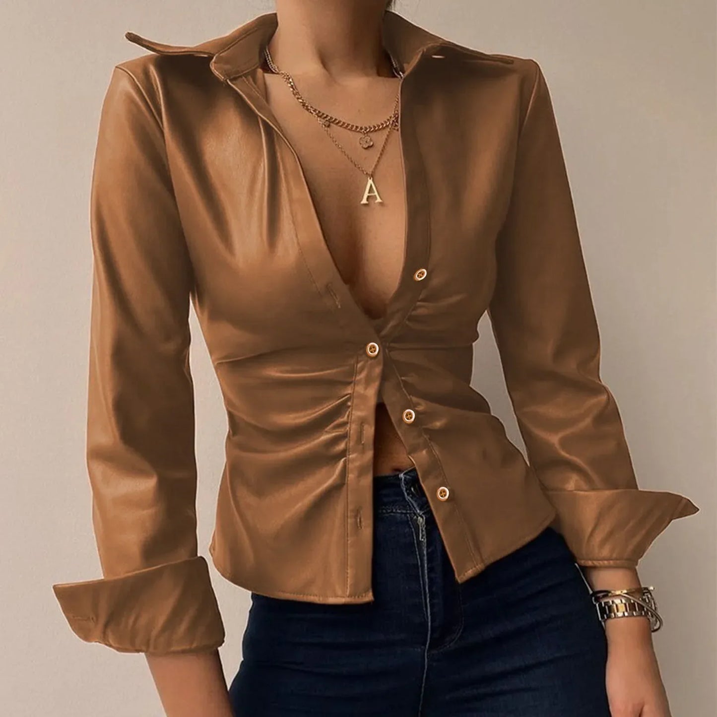 Leren Blouse Lange Mouwen Dames Modieus