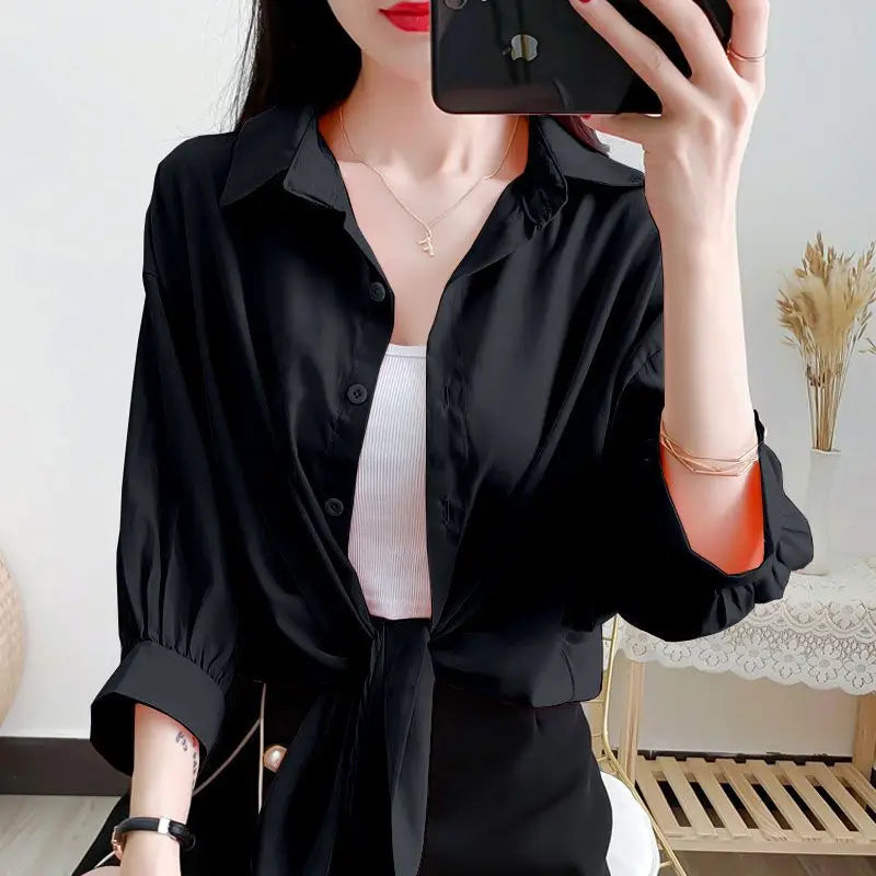 Losse Blouse met Strikband en Lange Mouwen