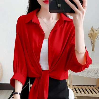 Losse Blouse met Strikband en Lange Mouwen
