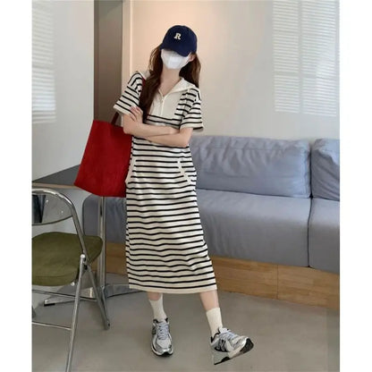 Midi Jurk Gestreept Casual Met Rits Voor Vrouw