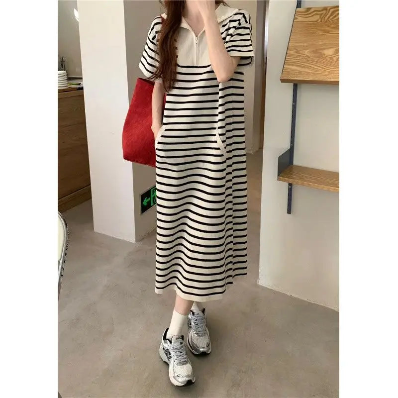 Midi Jurk Gestreept Casual Met Rits Voor Vrouw