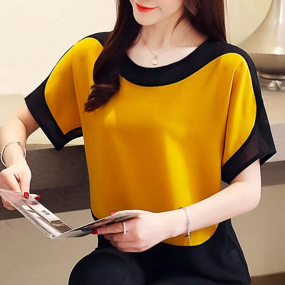 Dames Blouse Kort Mouw Chiffon Elegant Casual Look