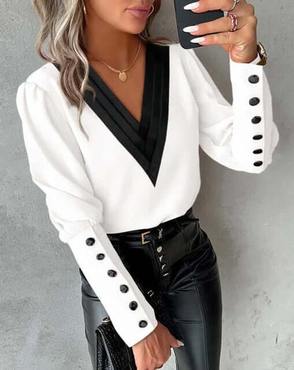 Damesblouse Elegante V-hals Lange Mouwen Zwart